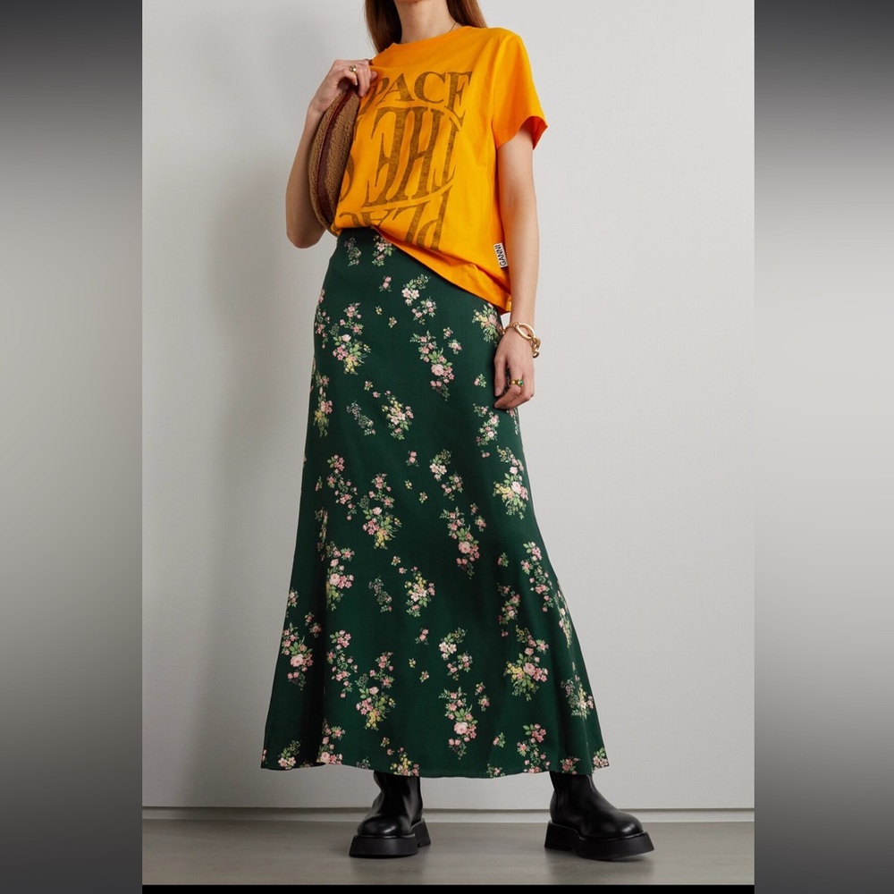 Reformation Green Floral Maxi Skirt